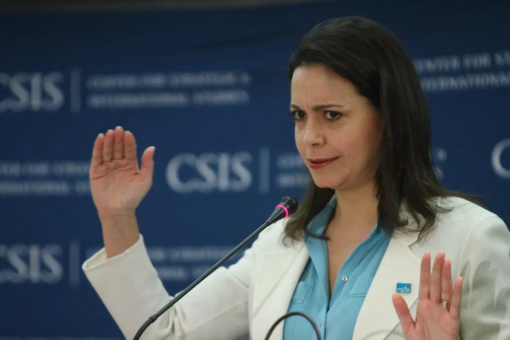 María Corina Machado, laureada com o Prêmio Nobel da Paz de 2025, durante palestra no Center for Strategic & International Studies. (Foto: CSIS | Center for Strategic & International Studies / Flickr)