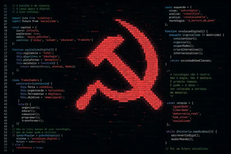 A verdadeira força da esquerda reside em sua capacidade de integrar a organização humana de base com o domínio do digital, de modo que o espaço digital se torne uma arena de apoio efetiva, não um substituto para a luta. (Imagem: Estúdio Gauche)