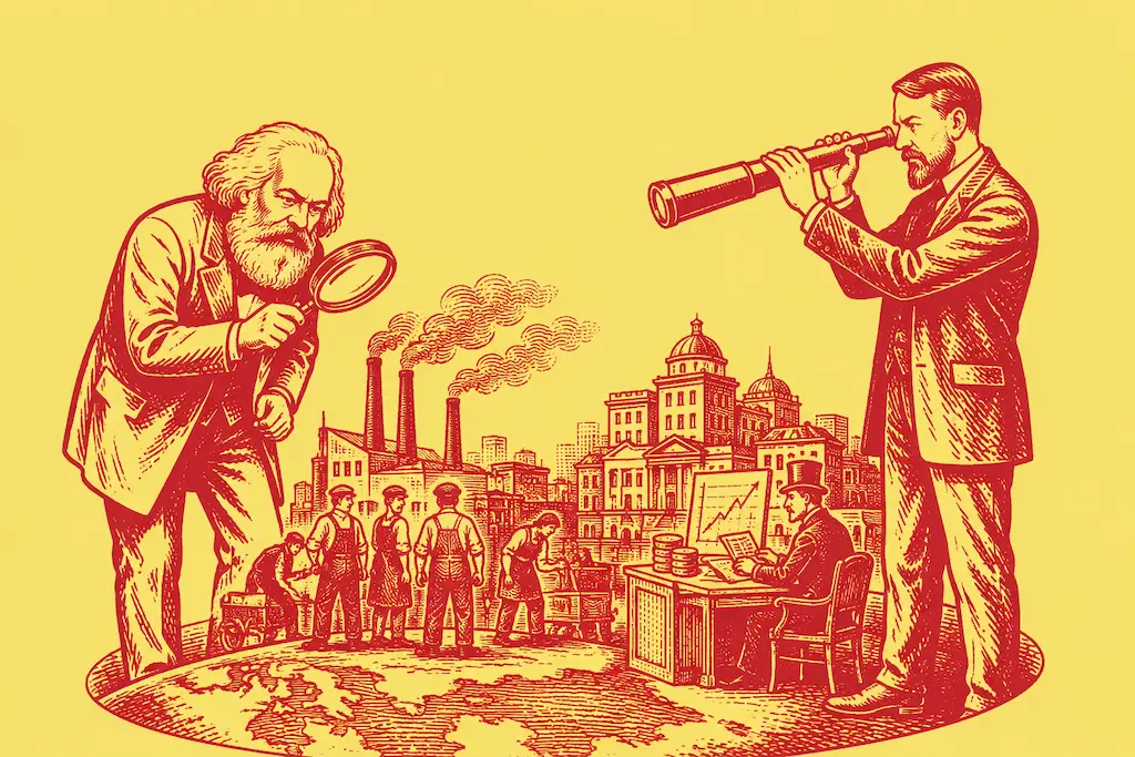 Marx abordou o capitalismo do ponto de vista do trabalho assalariado; Weber, do ponto de vista dos proprietários do capital. (Imagem: Estúdio Gauche)