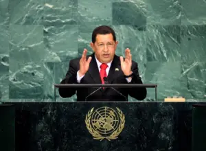 Hugo Chávez durante discurso na Assembleia Geral das Nações Unidas, em setembro de 2009. (Foto: Erin Siegal / United Nations)