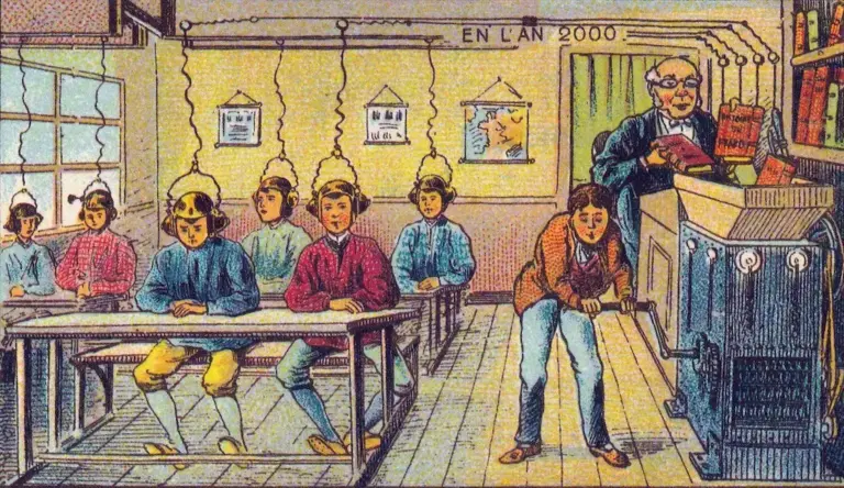 Obra de Jean-Marc Côté, "a escola nos anos 2000", de 1901. (Foto: Domínio Público / Public Domain Review)